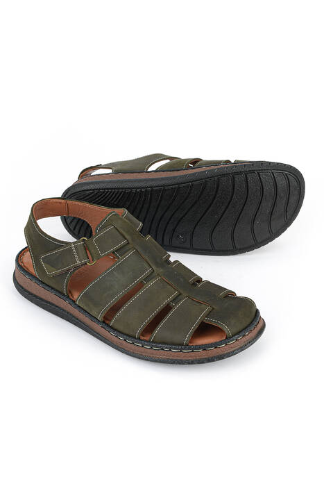 Hakiki Deri Erkek Sandalet Haki