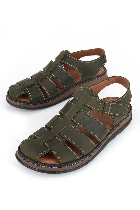 Hakiki Deri Erkek Sandalet Haki