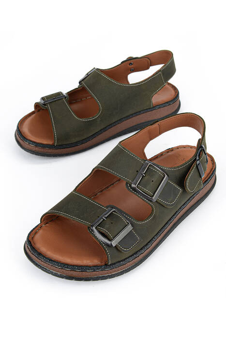 Hakiki Deri Erkek Sandalet Haki