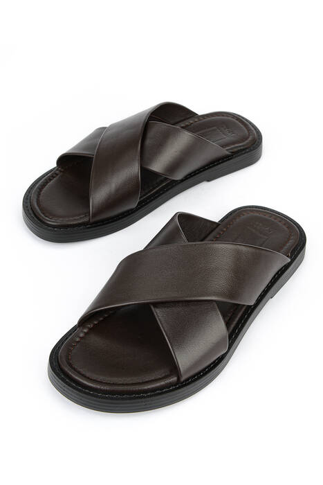 Hakiki Deri Erkek Terlik Kahverengi