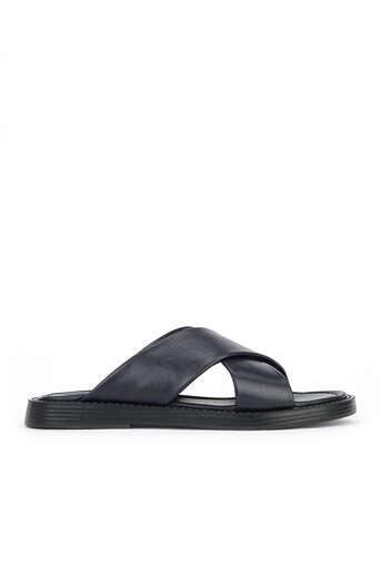 Ziya - Navy Blue Genuine Leather Men's Slippers