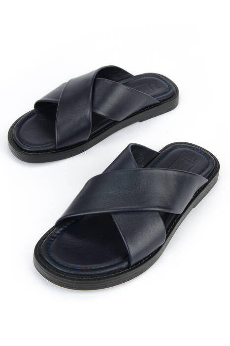 Hakiki Deri Erkek Terlik Lacivert