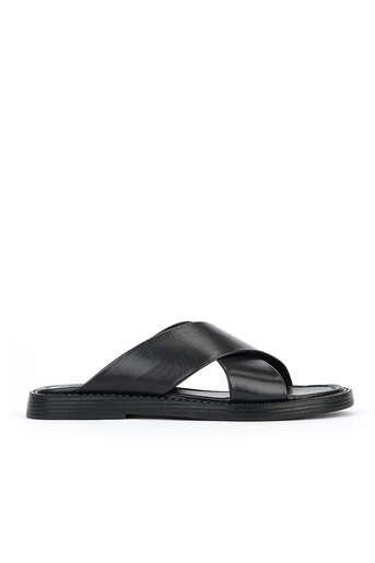 Ziya - Black Genuine Leather Men's Slippers