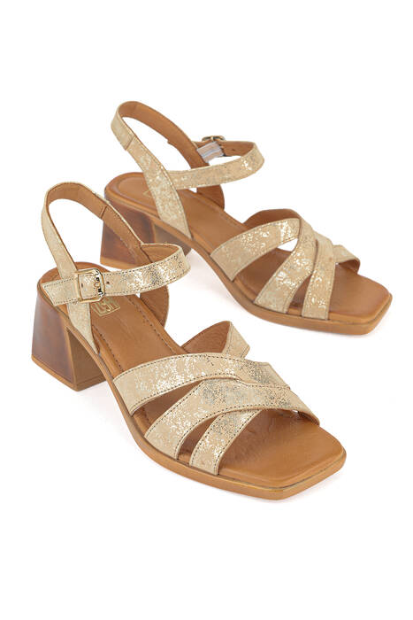 Hakiki Deri Kadın Sandalet Altın