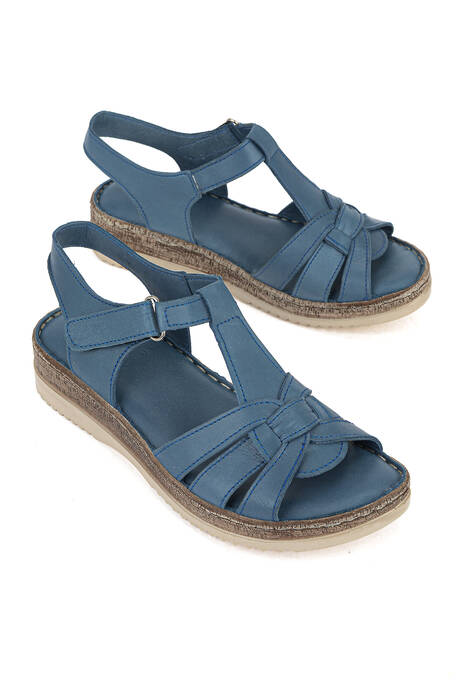 Hakiki Deri Kadın Sandalet Mavi