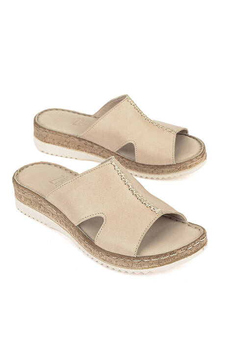 Hakiki Deri Kadın Terlik Bej