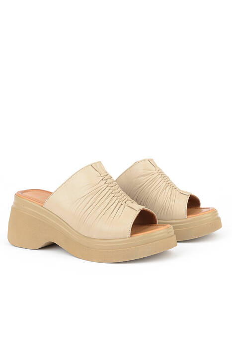 Hakiki Deri Kadın Terlik Bej