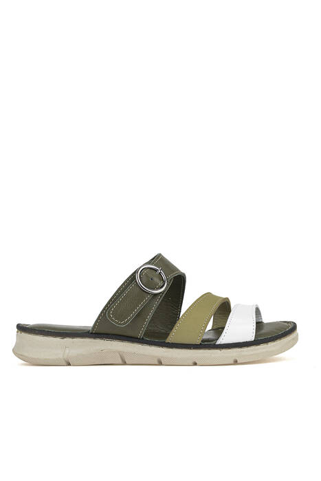 Hakiki Deri Kadın Terlik Haki