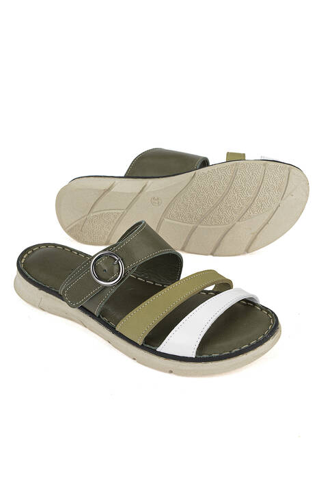Hakiki Deri Kadın Terlik Haki