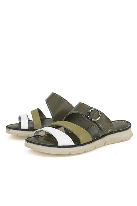 Hakiki Deri Kadın Terlik Haki