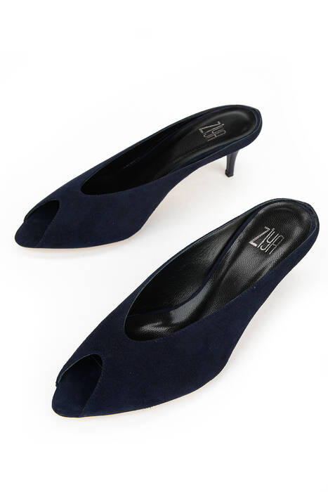 Hakiki Deri Kadın Terlik Lacivert