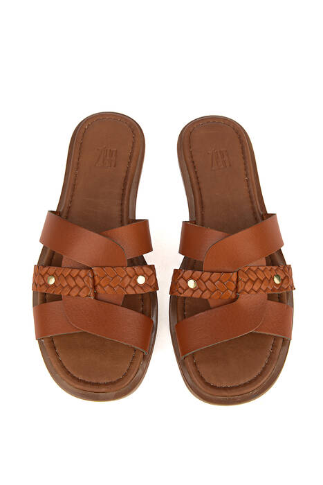 Hakiki Deri Kadın Terlik Turuncu