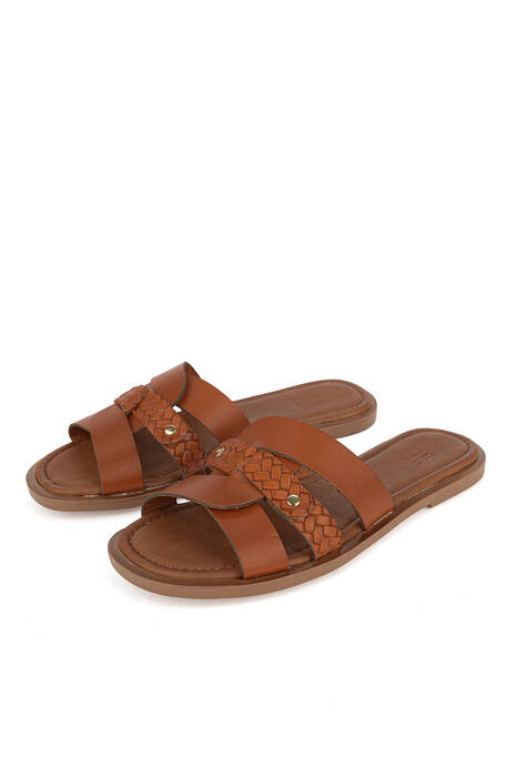 Hakiki Deri Kadın Terlik Turuncu