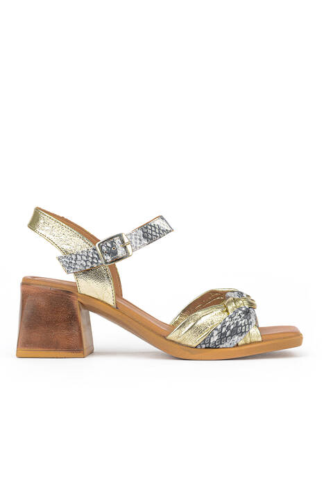 Hakiki Deri Kadın Topuklu Ayakkabı Altın