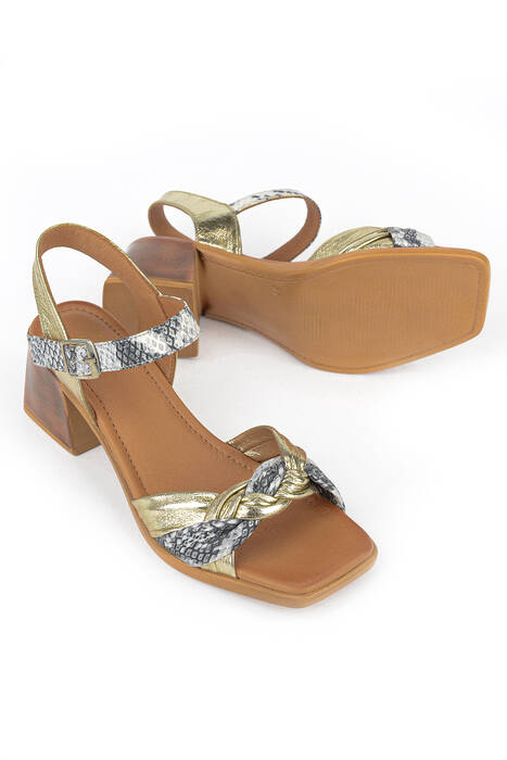 Hakiki Deri Kadın Topuklu Ayakkabı Altın