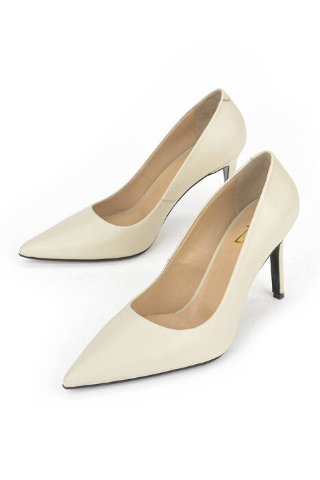 Hakiki Deri Kadın Topuklu Ayakkabı Bej