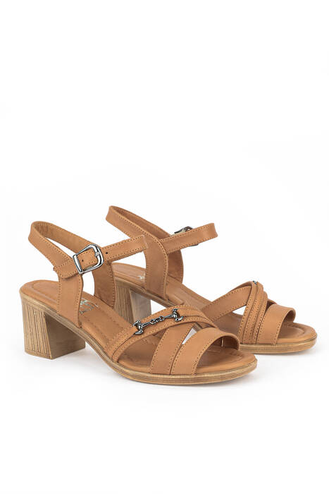 Hakiki Deri Kadın Topuklu Ayakkabı Taba