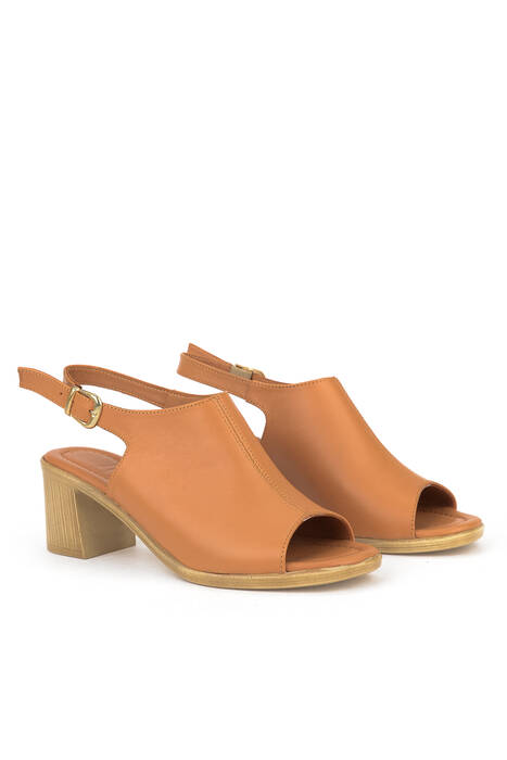 Hakiki Deri Kadın Topuklu Ayakkabı Taba