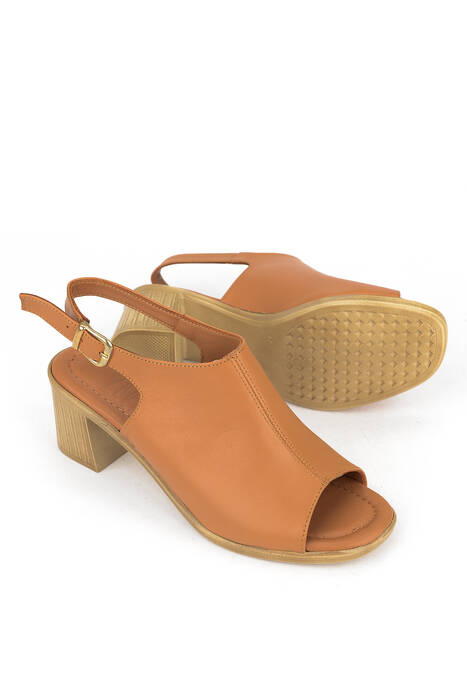 Hakiki Deri Kadın Topuklu Ayakkabı Taba