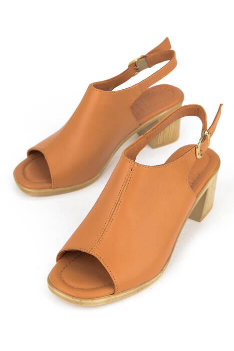 Hakiki Deri Kadın Topuklu Ayakkabı Taba