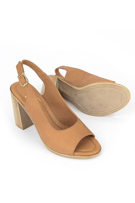 Hakiki Deri Kadın Topuklu Ayakkabı Taba